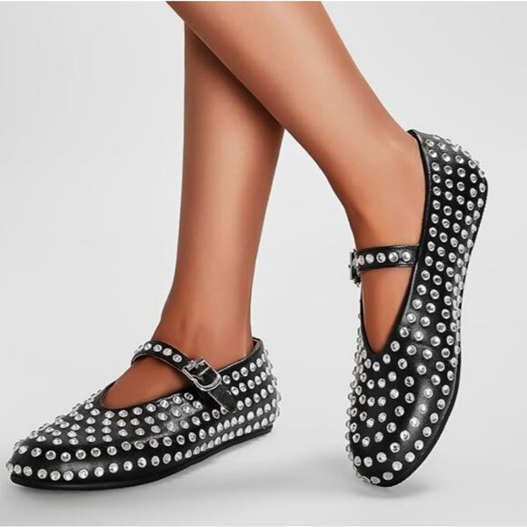 BRAND NEW WILD DIVA CRYSTAL RHINESTONE MARY JANE STUDDED BALLET FLATS - Picture 1 of 15